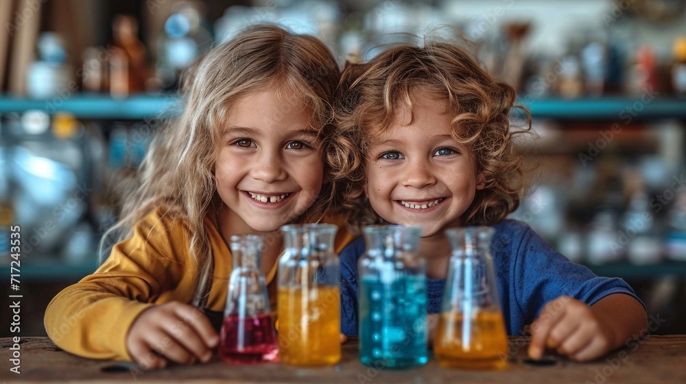 Portrait of two smiling children enjoying doing scientific experiments, generative ai Portrait of two smiling children enjoying doing scientific experiments, generative ai