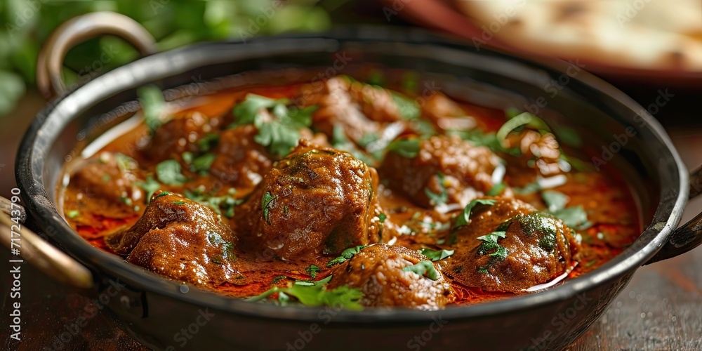 Vindaloo Culinary Adventure - A Flavorful Symphony of Heat and Spice, Crafting a Bold and Tangy Culinary. Immerse in the Culinary Adventure in a Spicy Indian Kitchen with Soft Lighting