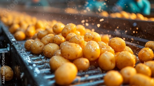 Potatoes are transferred into the container through a close-up potato conveyor, generative ai photo
