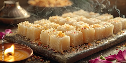 Peda Delight - Culinary Artistry of Indian Milk Fudge  a Flavorful Symphony of Richness. Immerse in the Culinary Artistry in a Traditional Indian Sweets Kitchen with Soft Lighting.