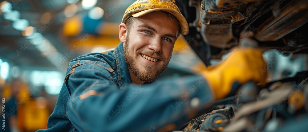 worker working repair leaning under a vehicle in a garage, Auto car repair service center. Mechanic examining car suspension, generative ai worker working repair leaning under a vehicle in a garage, Auto car repair service center. Mechanic examining car suspension, generative ai
