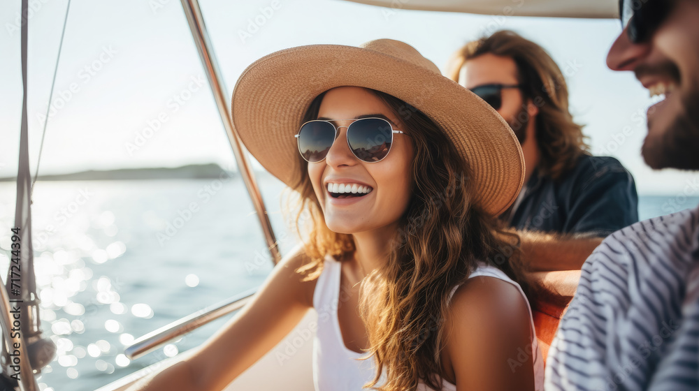 beautiful young cheerful woman on a yacht in the sea, sailing ship control, emotional girl, yachting, smiling lady, summer, travel, ocean, vacation, portrait, hobby, sport beautiful young cheerful woman on a yacht in the sea, sailing ship control, emotional girl, yachting, smiling lady, summer, travel, ocean, vacation, portrait, hobby, sport