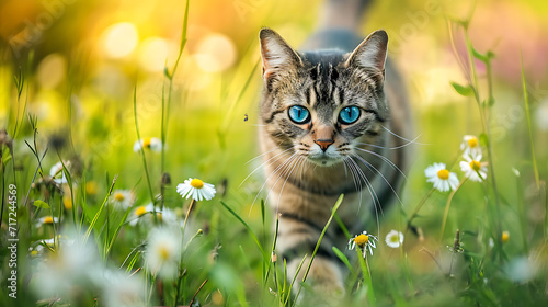 a cat with blue eyes walking through tall grass with flowers in the background and a blurry background of the grass
