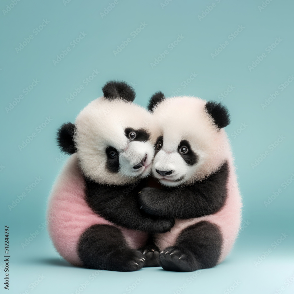 Naklejka premium Cute baby pandas hugging on blue pastel background. Pastel, creative, Valentine's Day animal concept. 