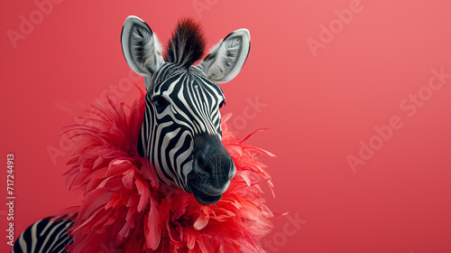 Trendy fashionable stylish glamorous animals. Elegant zebra mask with red feather boa on a red background  perfect for creative fashion concepts.