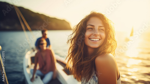 beautiful young cheerful woman on a yacht in the sea, sailing ship control, emotional girl, yachting, smiling lady, summer, travel, ocean, vacation, portrait, hobby, sport photo