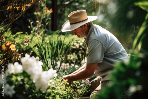 Planting nature growing care flowers outdoors men gardening retired adult person summer senior male