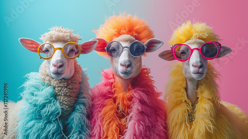 Trendy fashionable stylish glamorous animals. A humorous and colorful portrait of three sheep in sunglasses and vibrant wigs against a gradient pastel background. photo