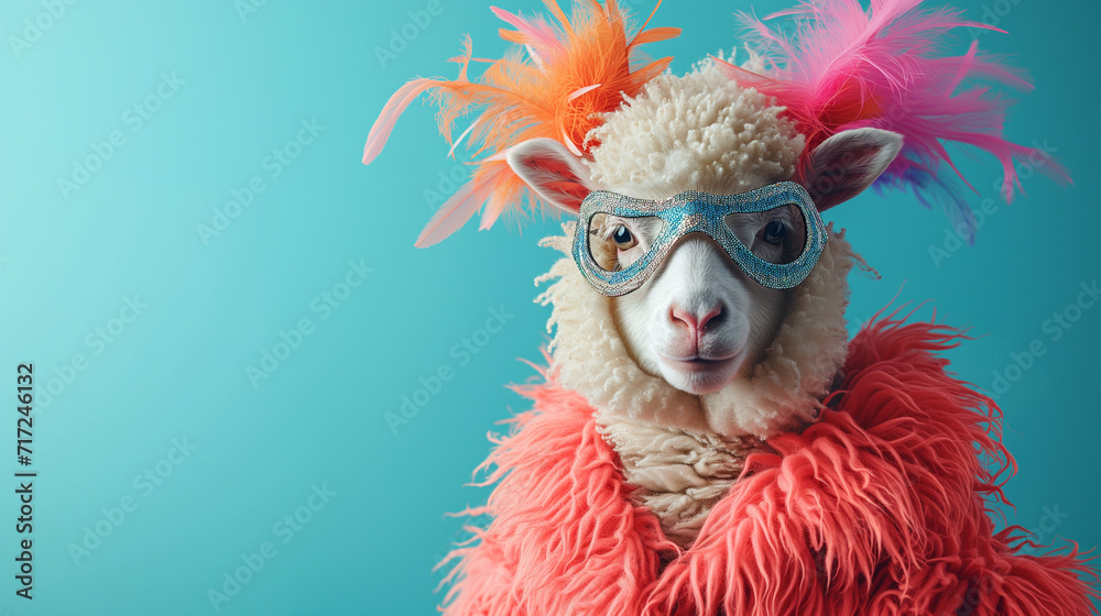 Carnival. Trendy fashionable stylish glamorous animals. A playful portrait of a sheep in a glitzy masquerade mask with vibrant orange and pink feathers against a teal background.
