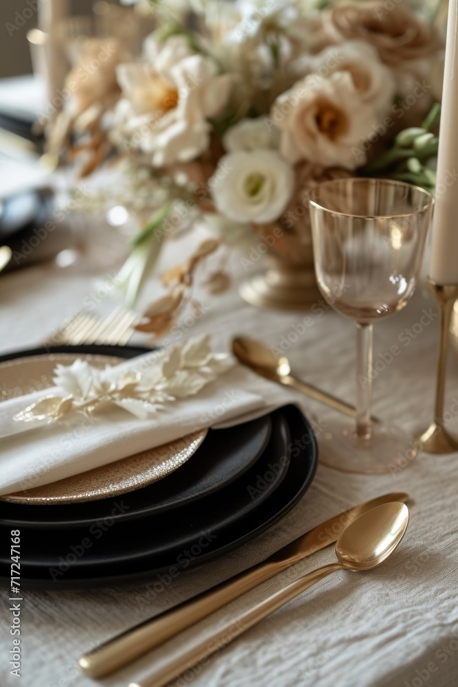 a black and gold table setting with candles a black and gold table setting with candles
