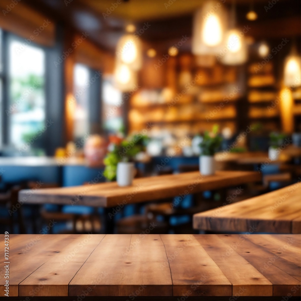 Wooden board empty table in front of blurred background. perspective brown wood over blur in coffee shop - can be used for display or montage your products.mock up for display of product.