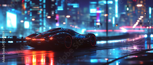a futuristic car driving down a city street at night time with a city skyline in the background and a glowing street light © DigitaArt.Creative