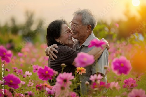 beautiful romance of lovers on valentines day in nature outdoors embracing with affection pragma . asian chinese or japanese people