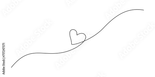 One continuous drawing of two hearts with red color love sign. Thin flourish ribbon and romantic symbol in simple linear style. Editable stroke. Doodle contour vector illustration