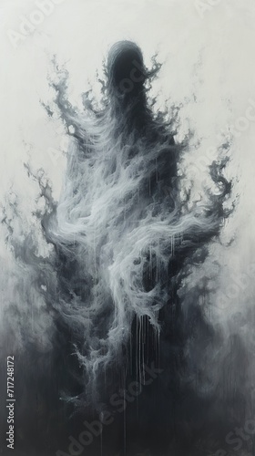 A white ghostly oil painting depicting the Phantom of the Opera. The Phantom of the Opera in a white painting on a smoky black surface with ethereal shapes.