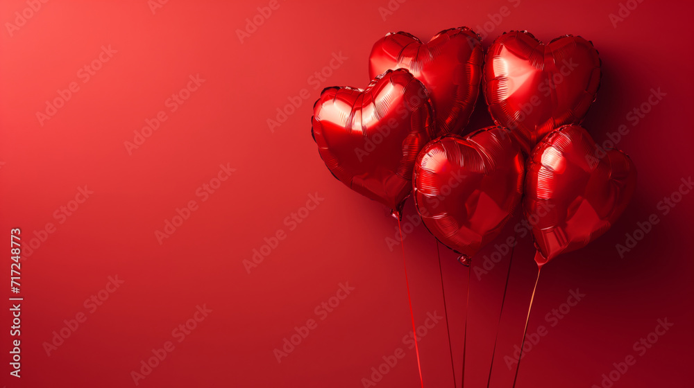Heart shaped balloons on red background, flat lay with space for text. Valentine's day celebration.
