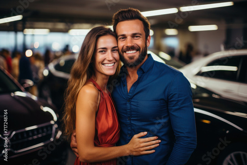Happy Couple Posing Proudly Next to Their Recently Acquired Dream Car