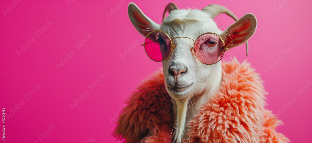 Trendy fashionable stylish glamorous animals. Trend. Portrait of a fashionable goat in sunglasses for a greeting card or banner or congratulations