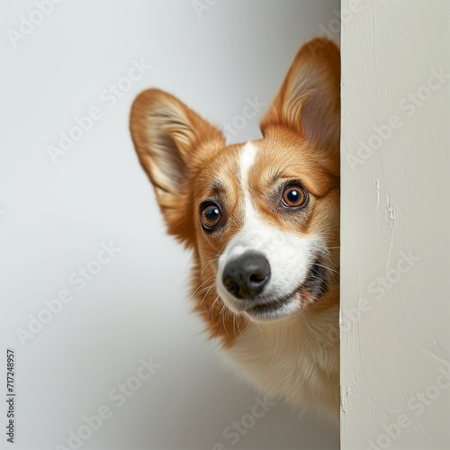 Generative AI image of A Corgi hiding in the corner, secretly poking out his head