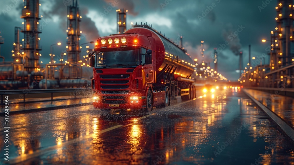 Transportation of oil and natural gas by truck in Oil Refinery factory and petrochemical plant - Petroleum industry. generative ai Transportation of oil and natural gas by truck in Oil Refinery factory and petrochemical plant - Petroleum industry. generative ai