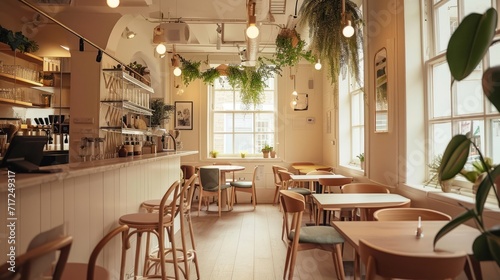 Alternatives Café oder Bistro in Deutschland. Nachhaltige Einrichtung vom Restaurant und Liebe im Detail mit natürlichem Material. photo