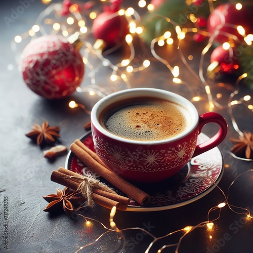 Cup of coffee with christmas decoration on dark background  selective focus 