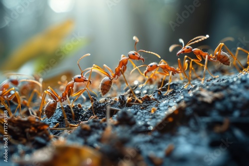 Makro Ameisen auf der Wanderschaft. Arbeiterameisen bei der Arbeit in einer Nahaufnahme.