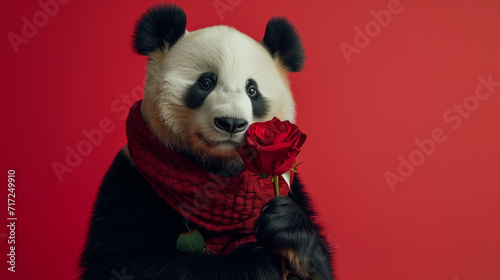 Greeting card, background, banner with congratulations for Valentine's day, birthday and anniversary. Gentleman panda holding and giving a rose flower