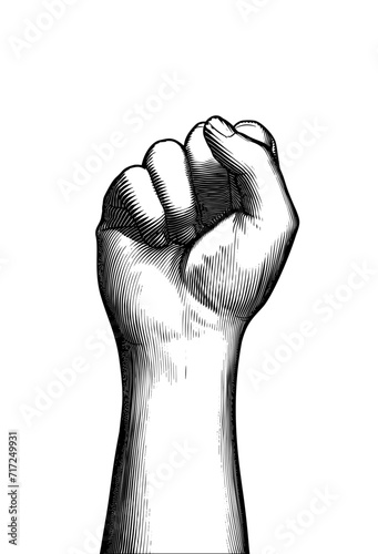 Black engraving human fist wrist hand up illustration on white BG