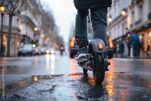 E-Scooter fährt durch die Stadt auf der Straße, Elektroroller in städtischer Umgebung. 