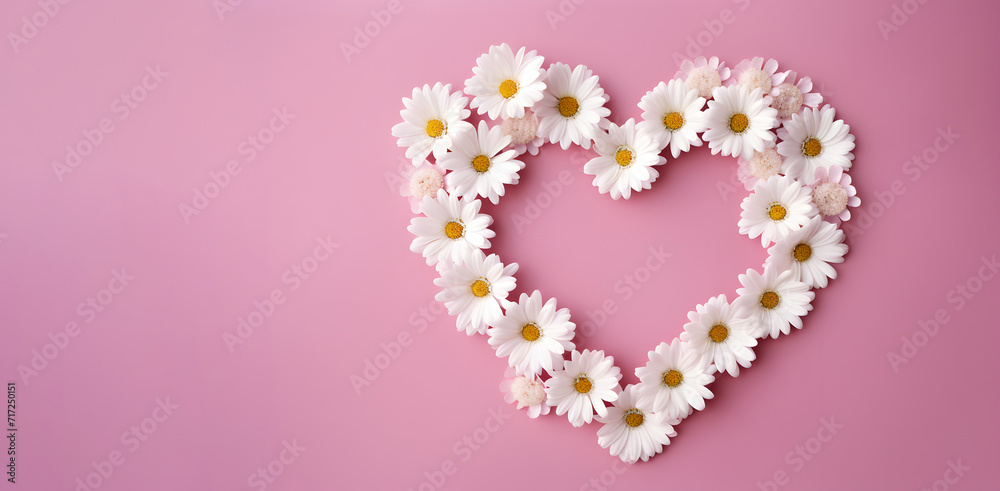 Heart formed from white daisies on pink background view from above. Spring or holiday greeting card or invitation