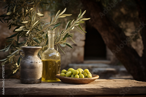 Olives and olive oil in a jar on a wooden old monastery table olive tree leaves