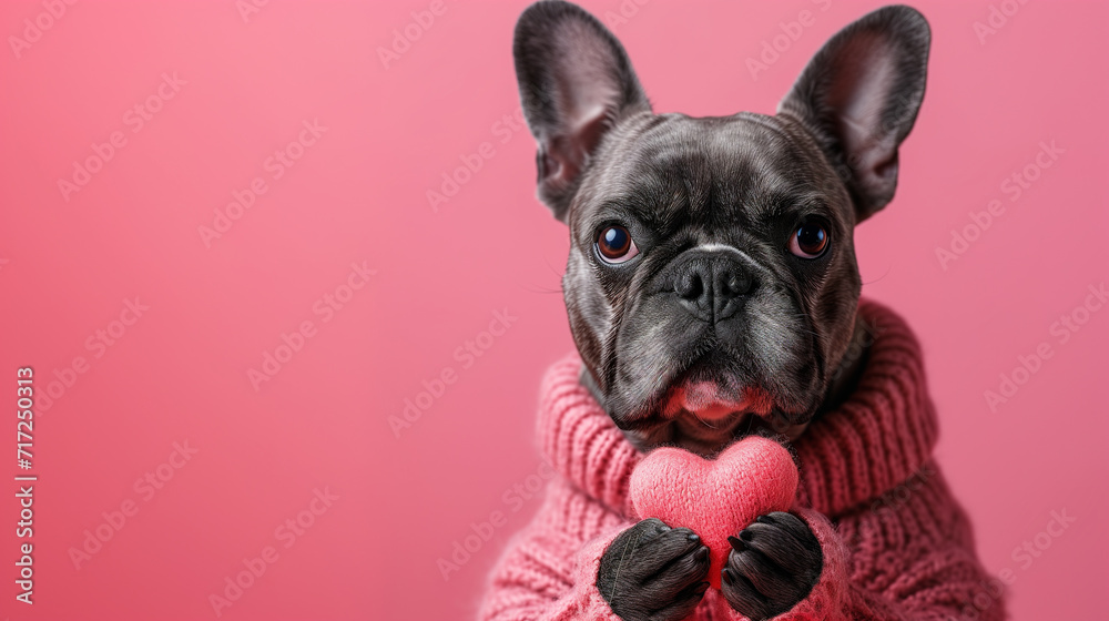 Valentine's Day. Postcard, banner or greeting card . A French Bulldog in a pink sweater holding a heart, against a pink background, ideal for Valentine's imagery