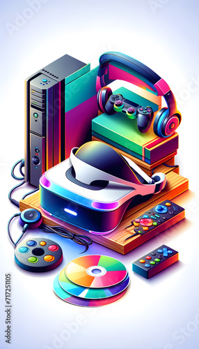 Modern VR Headset on Colorful Gaming Gear Stack - Digital Illustration of Video Game Technology, Entertainment Collection Concept