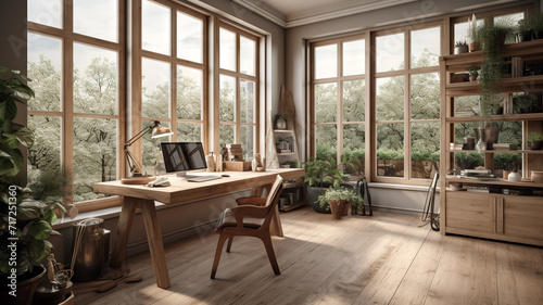 home office with plant, desk and large windows - AI generative © chris3d