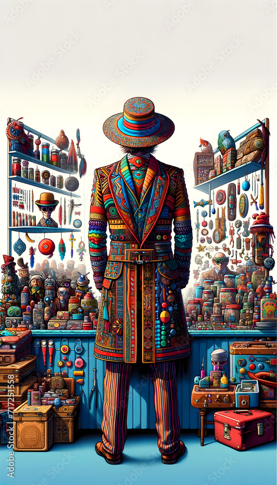 Fototapeta premium Traditional Artisan Outfit in Vibrant Marketplace - Cultural Fashion Elegance, Latin American Heritage Costume Illustration, Concept of Cultural Diversity & Artistic Expression