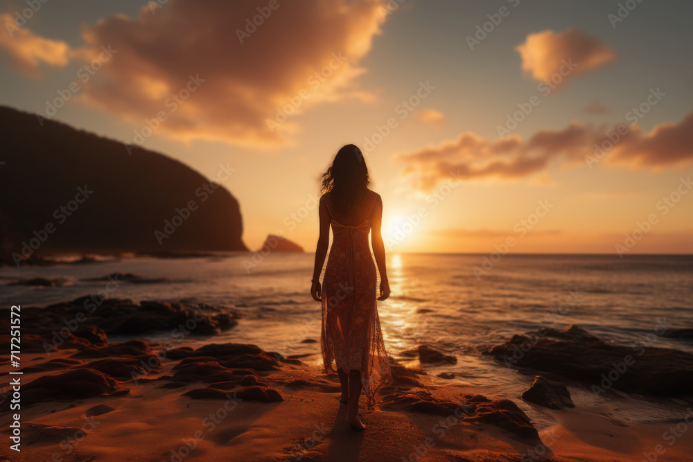 A serene beachside scene where a solo traveler basks in the sunset, portraying the tranquility and self-discovery facilitated by well-managed finances. Generative Ai.