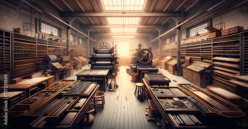 Vintage Print Shop Charm: Antique Printing Presses, Typeset Cabinets & Ink Rollers in Traditional Press Room – Concept of Historical Printing Craftsmanship & Retro Typography photo
