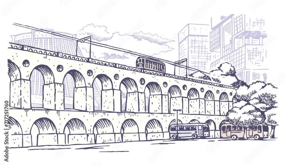 Vector illustration in stripped, hand-drawn strokes of Lapa's urban landscape, in the city of Rio de Janeiro, Brazil, in current times.