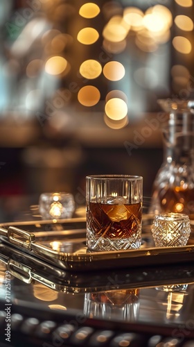An Irish coffee cocktail in a delicious mix of strong coffee and Irish whiskey served on a tray. A glass of whiskey with coffee with a rich  full-bodied flavor in a luxurious setting.