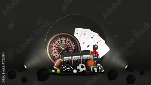 A web banner on the theme of online casinos and sports betting with roulette, cards, slot machine, balls for football, tennis, baseball and basketball on a podium on a black background.