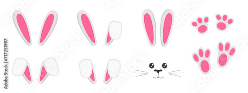 Set of cute bunny ears, muzzles and paws isolated on white background. Decoration elements for Easter party, photo shoot, greeting or invitation card, celebration banner. Vector flat illustration