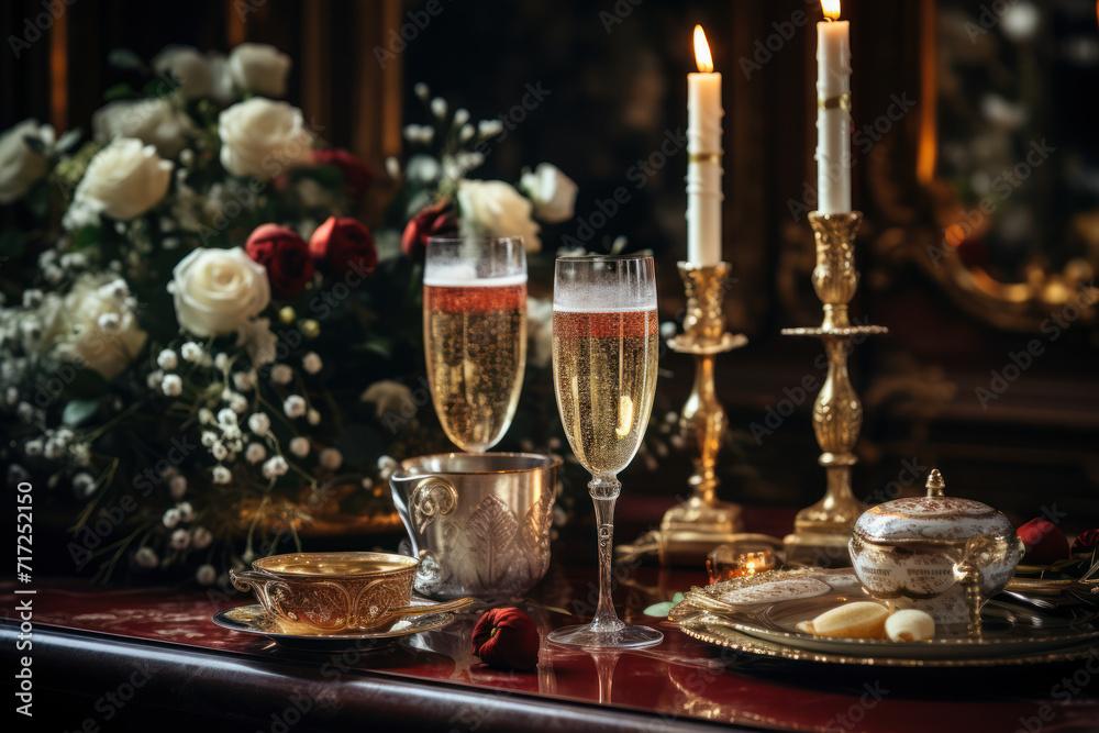 A New Year's toast unfolds in an atmosphere of sophistication, where classic interiors and refined outfits converge to create a celebration that seamlessly blends the past and present. Generative Ai.