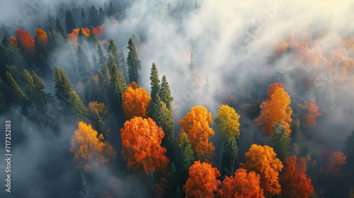 erial view of beautiful winter and autumn forest in low clouds at sunrise. Top view of orange and green trees in fog at dawn in fall. View from above of woods. Nature background. Multicolored leaves photo