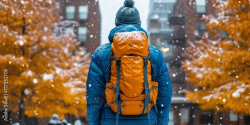 Person With Backpack Walking in Snow