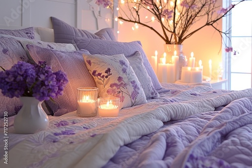 Bettwäsche und Flieder-Deko mit vielen Kerzen im Schlafzimmer. Romantische Einladung zur Liebeserklärung.