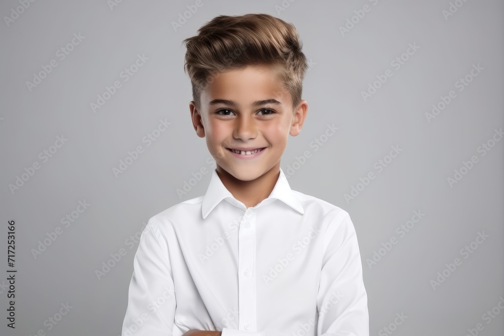 Portrait of a cute little boy in a white shirt on a gray background Portrait of a cute little boy in a white shirt on a gray background