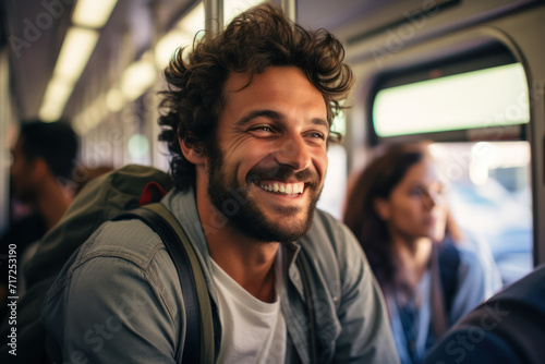 A commuter shares a smile with a fellow passenger on a crowded train, creating a brief yet genuine connection amidst the hustle and bustle of daily life.  Generative Ai. photo