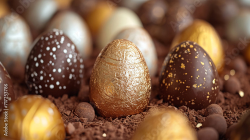 Decorative Gold Foil Chocolate Easter Eggs on Cocoa Shavings