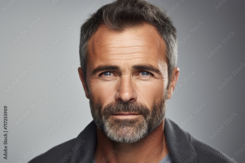 Handsome mature man with beard and mustache on grey background. Handsome mature man with beard and mustache on grey background.